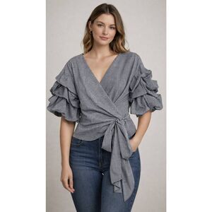 Farrow womens medium puffer sleeve top gingham plaid black white wrap tie